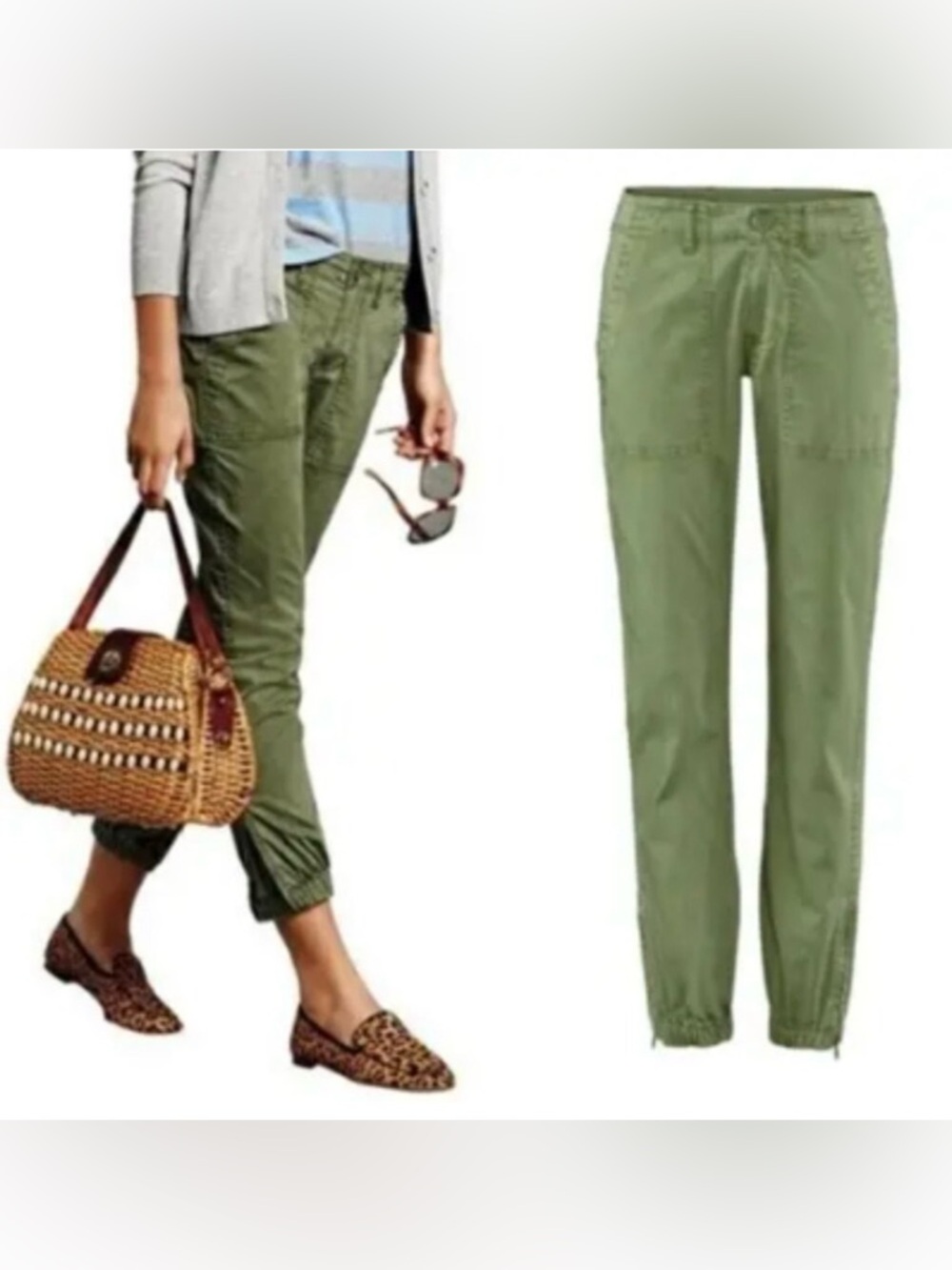 Cabi Traveler Olive Green cotton stretch Jogger Pants with Ankle Zip size 0 NWOT